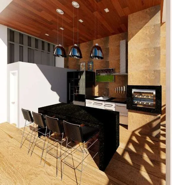 Área gourmet com bancada, churrasqueira e cobertura de madeira — renderização.