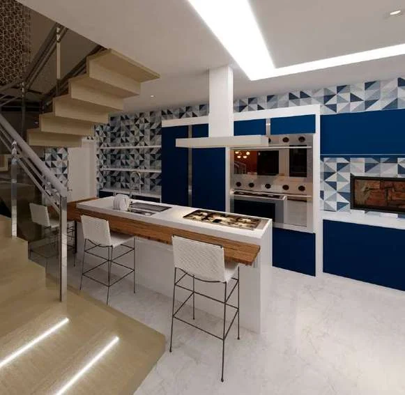 Cozinha com ilha, marcenaria azul e revestimento geométrico — renderização.