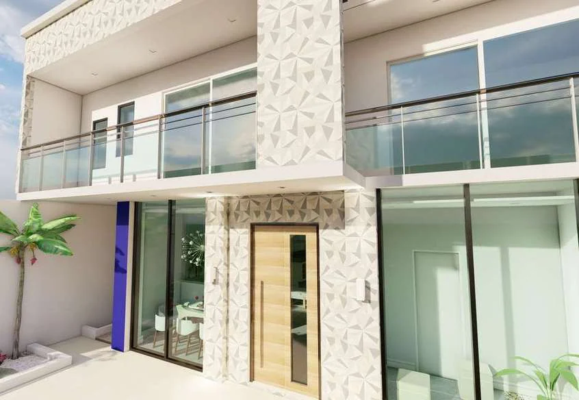 Façade with a glazed balcony and geometric wall cladding — rendering.