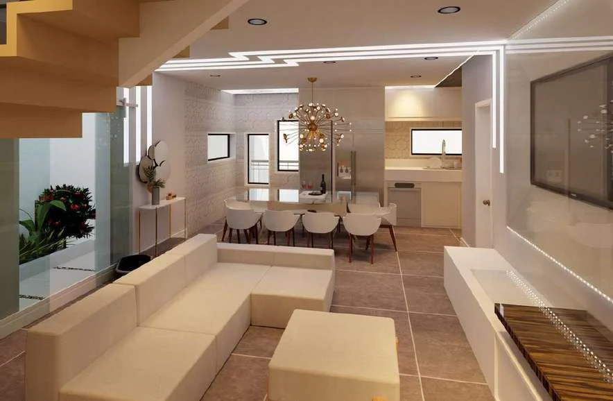 Open-plan living and dining area with light furniture and ceiling lighting — rendering.