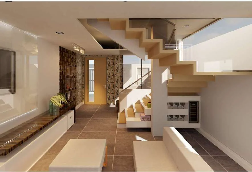 Living room and cantilevered staircase — rendering.