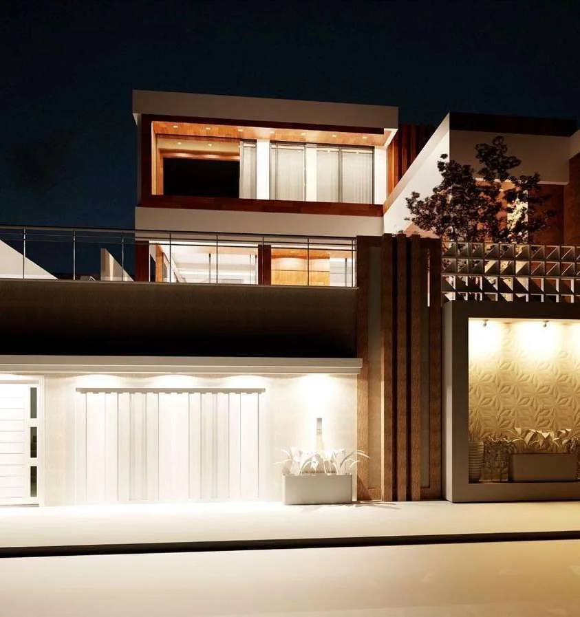 Renderização noturna da fachada da Residência Ambrosini.