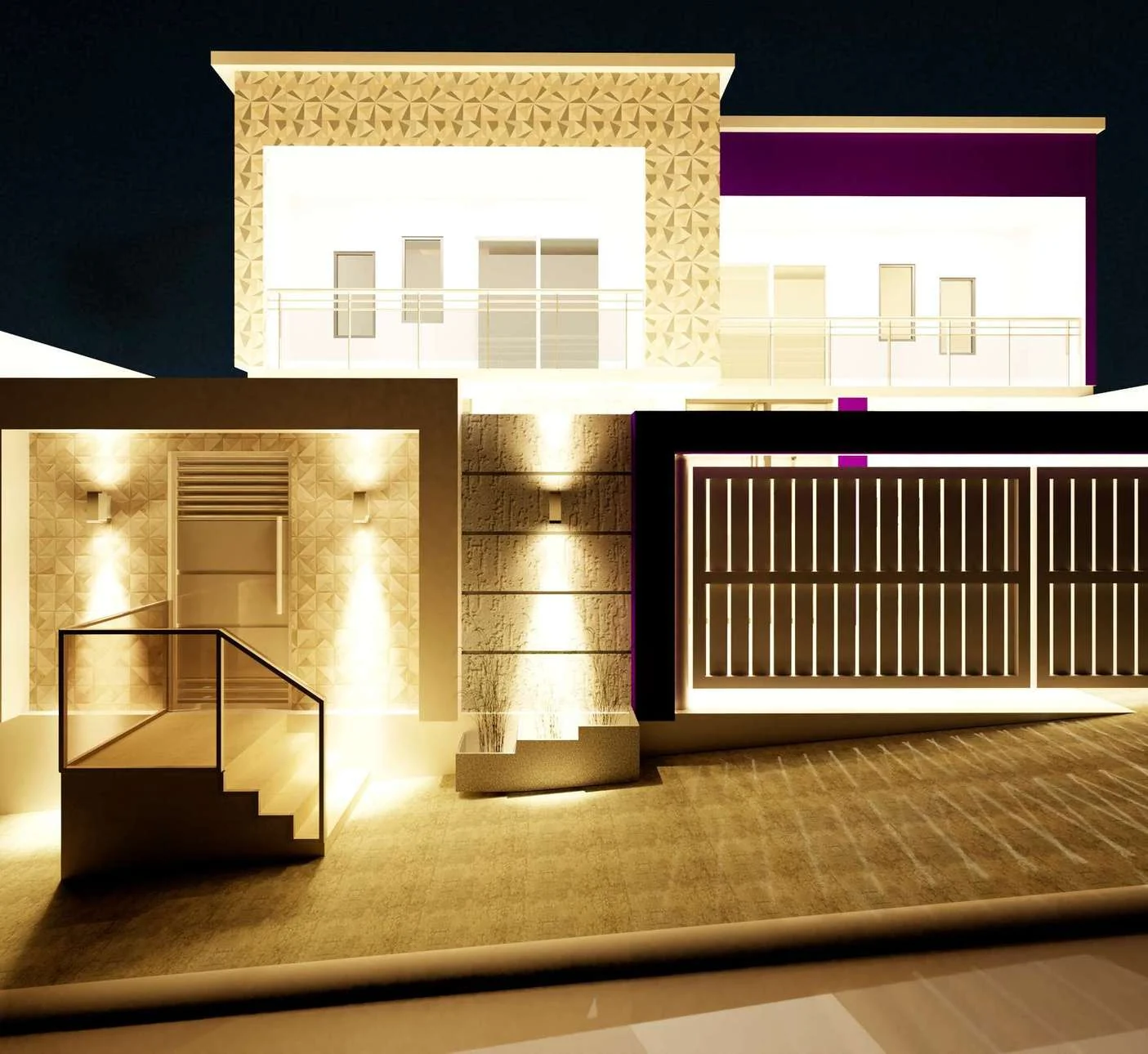 Renderização noturna da fachada da Residência Brito.