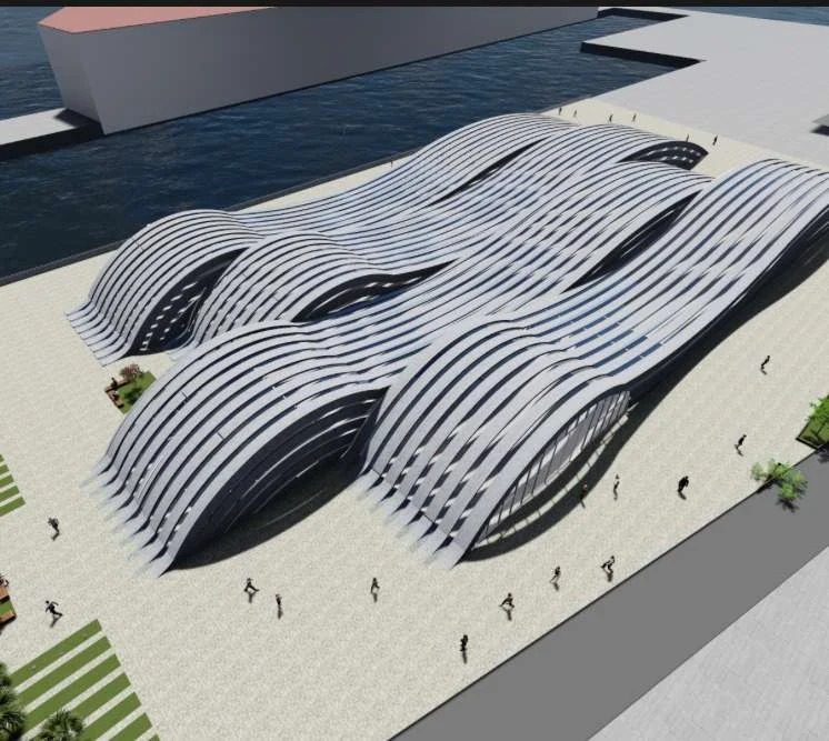 Renderização aérea do projeto acadêmico MAG — Museu Águas da Guanabara.