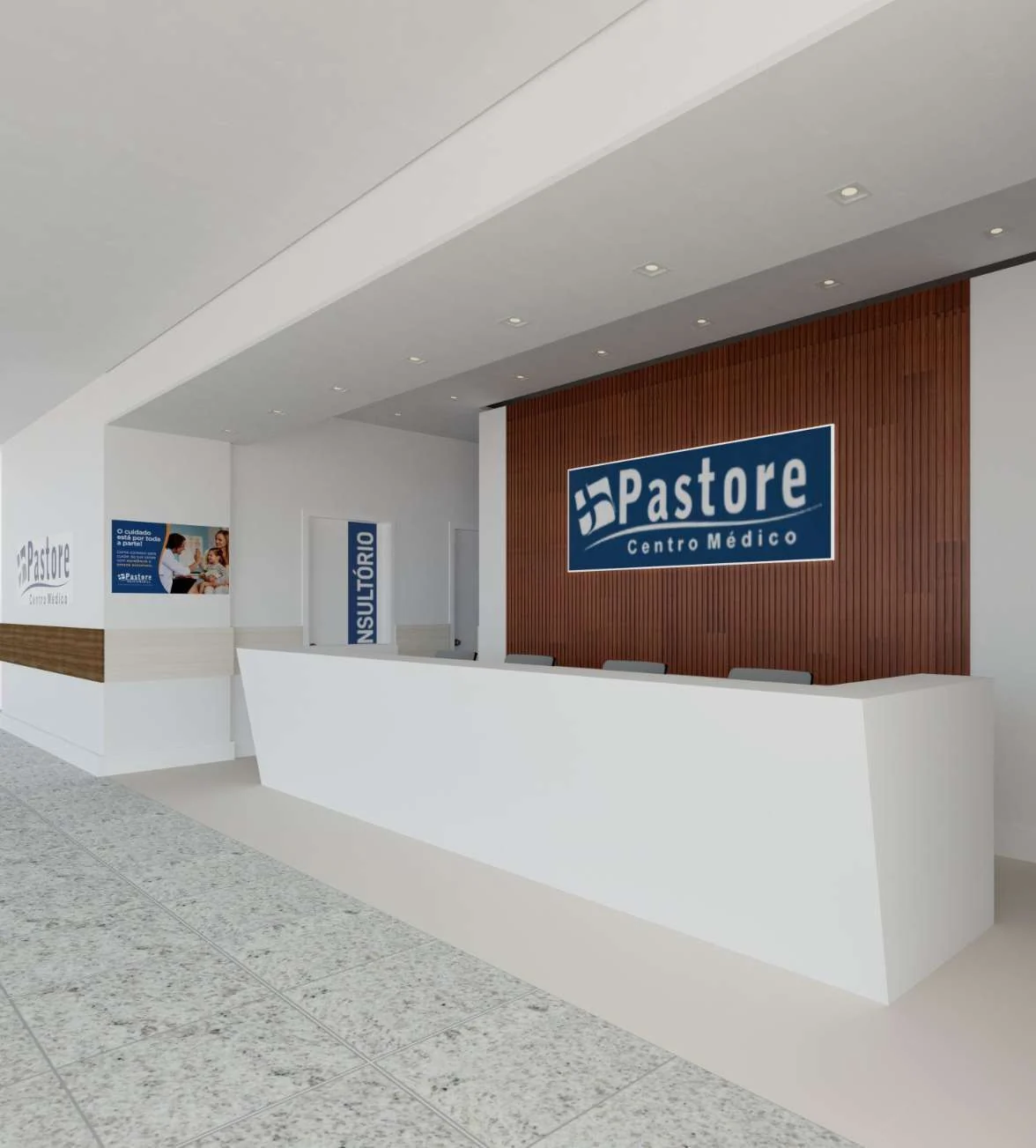 Renderização da recepção do Centro Médico Pastore.