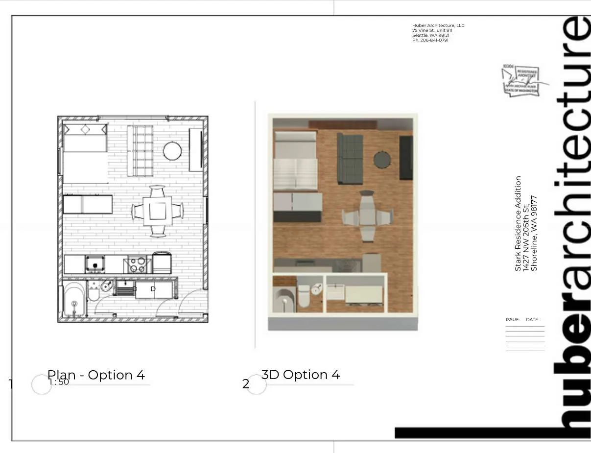 Estudo da Residência Stark com planta e vista 3D, em colaboração com Huber Architecture.