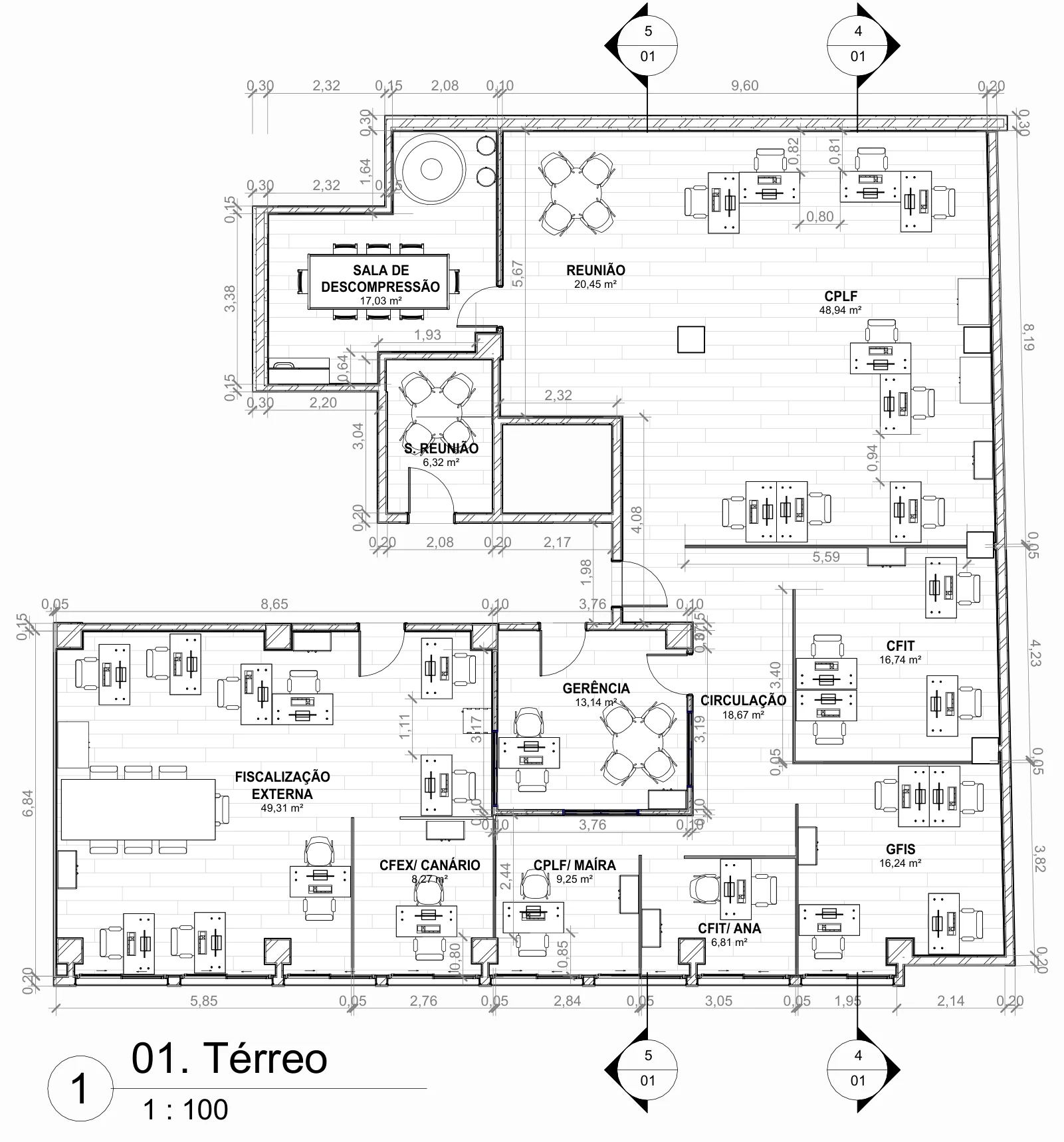 Planta de layout com setores de trabalho, salas de reunião e circulação — via Kingline Engenharia.