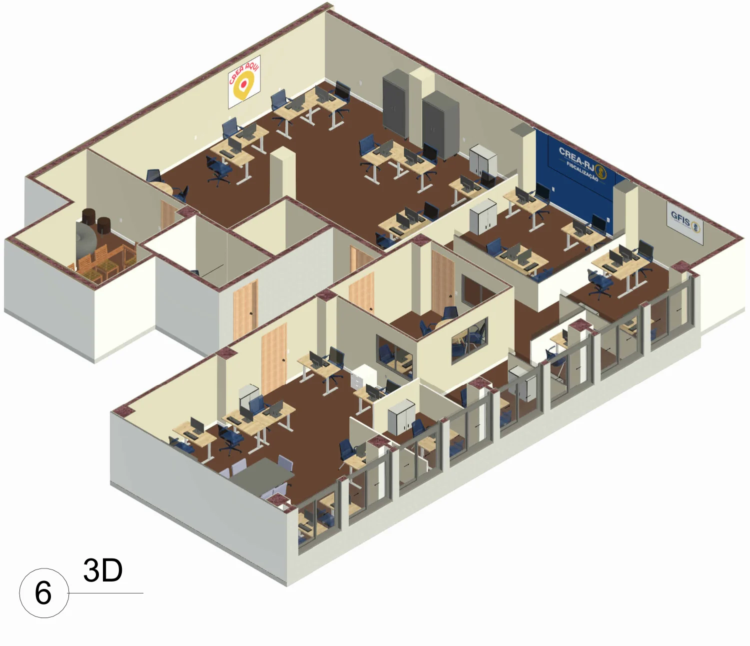 Vista 3D da distribuição das salas e estações de trabalho — via Kingline Engenharia.