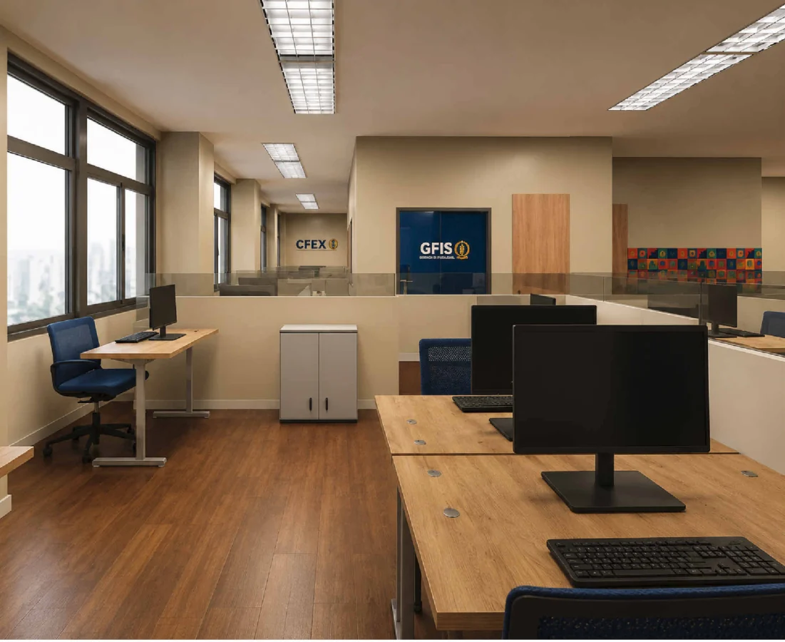 Estações de trabalho junto às janelas do Setor de Fiscalização — renderização, via Kingline Engenharia.