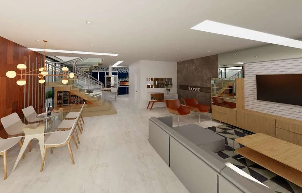 Renderização da sala de estar e jantar integradas da Residência Ambrosini.