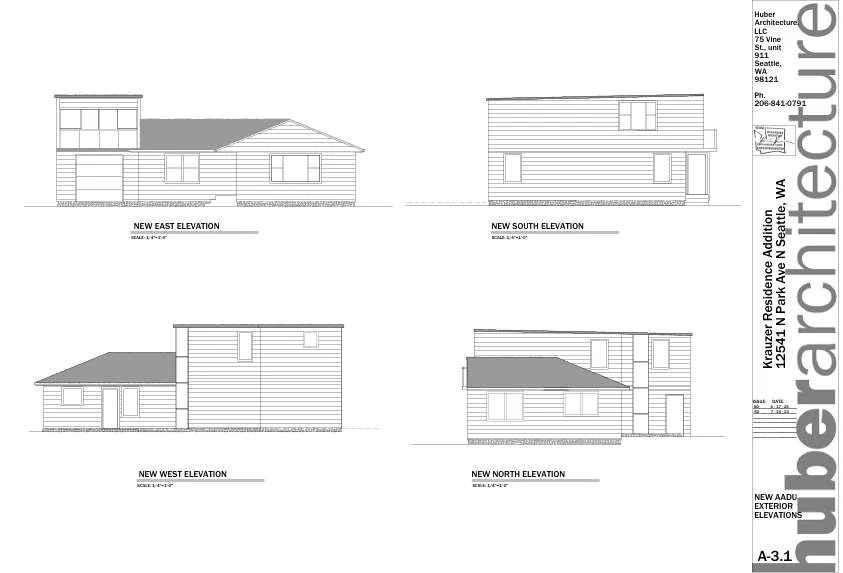 Elevações das quatro fachadas da Residência Krauzer — Huber Architecture.