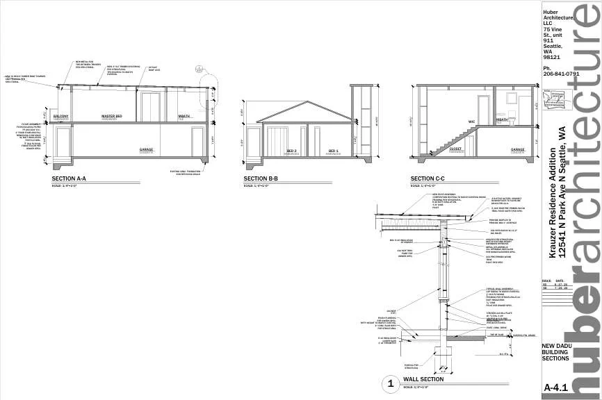 Cortes da residência e detalhe de parede — Huber Architecture.
