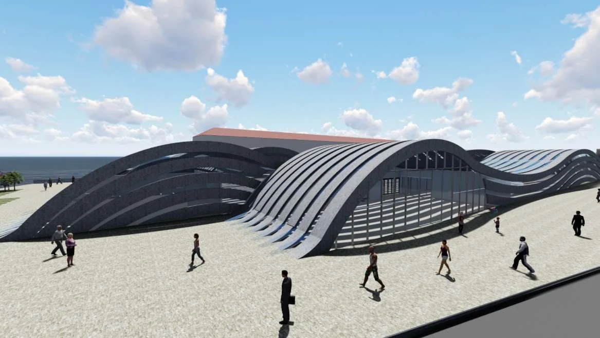 Vista externa do museu com cobertura ondulada e acesso envidraçado — renderização.