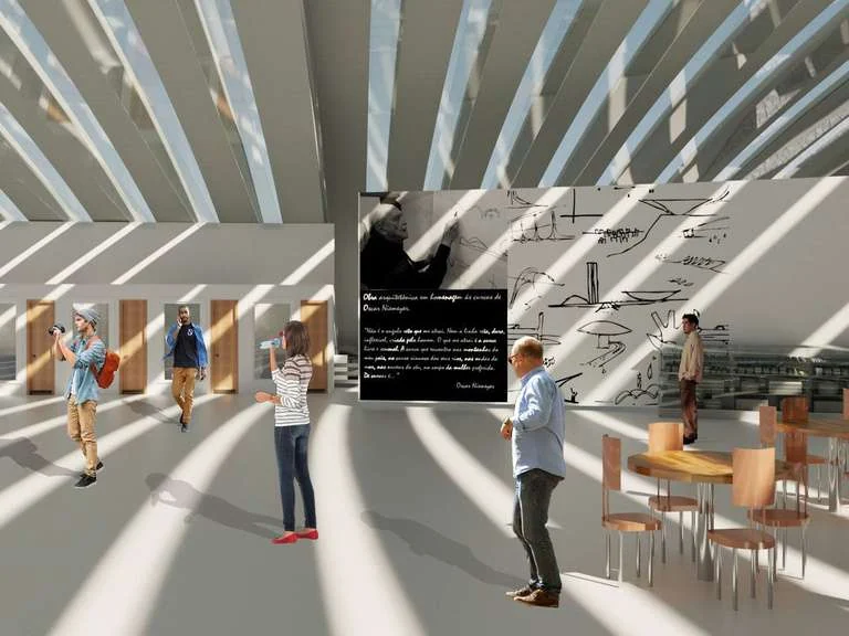 Espaço interno de convivência sob a estrutura curva da cobertura — renderização.