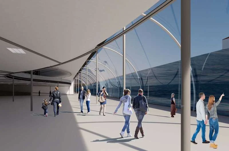 Circulação interna junto à fachada envidraçada, com vista para a água — renderização.