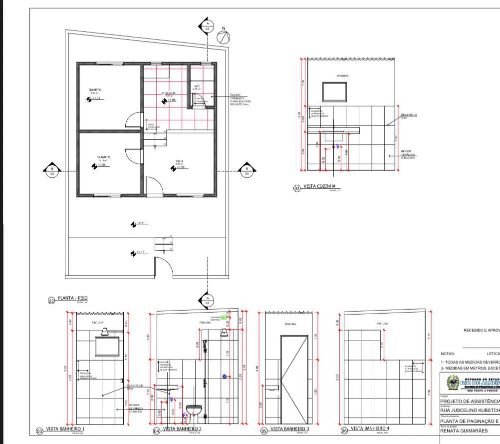 Planta de layout, corte e detalhes de instalações da proposta habitacional — Na Régua.