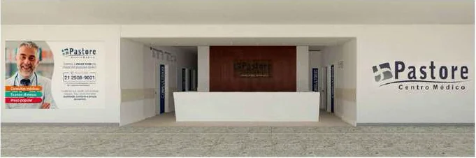 Vista frontal do acesso à clínica e do balcão de recepção — renderização.