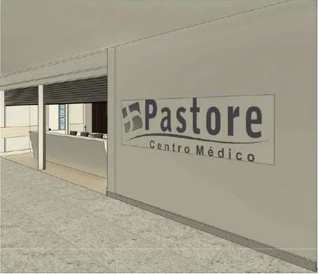 Perspectiva da entrada com a identificação do Centro Médico Pastore — renderização.