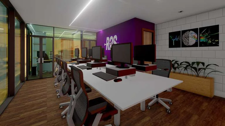 Estações de trabalho em ambiente compartilhado, com divisórias de vidro — renderização.