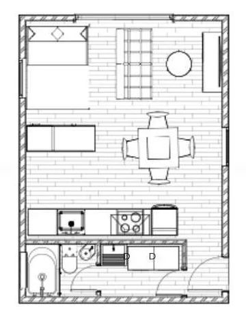 Planta da opção 4: integração de estar, cozinha e área de dormir — Huber Architecture.